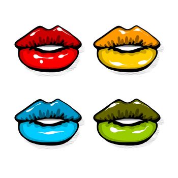 Open mouth woman lips pop art style. Vector fashion kitsch cartoon sketch design. Wow modern glossy sensual kiss. Hot feminine background