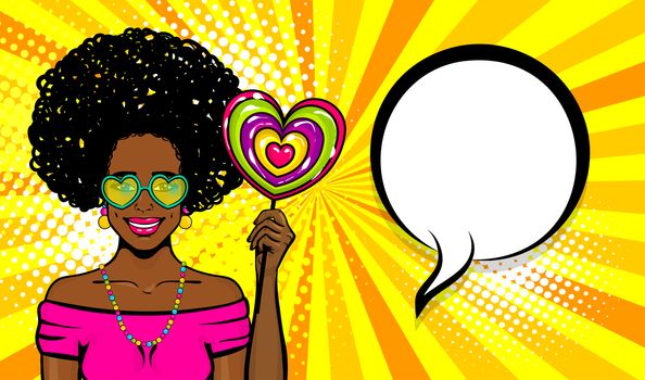 Elegance pop art woman wow face. Black african girl in t-shirt and glasses hold candy lollipop heart shape. Comic text speech bubble. 