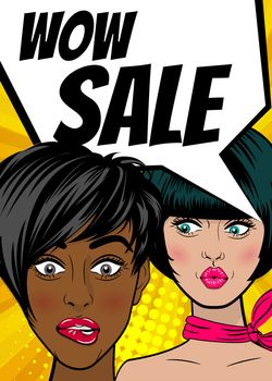 WOW Sale. Pop art two sexy women advertise vintage poster. Comic book text balloon speech bubble. Discount banner vector retro illustration. Girls comic wow face surprised marketing special offer.