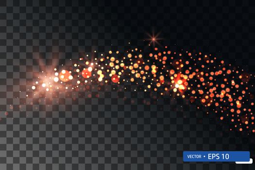Christmas golden star lights random falling in transparent background. Xmas holiday shiny swirl bokeh vector illustration. Festive magical motion comet confetti.