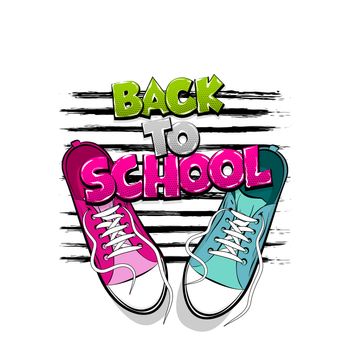 Back to school creative printable poster. Youth young trendy fashion. Pop art drawing sneakers shoes. Kitsch colored comic text background. Pair sporty shoes.
