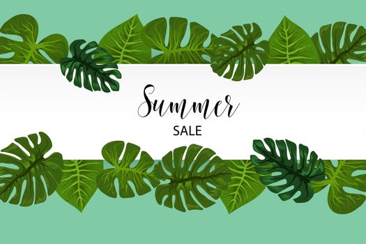 Summer sale poster. Tropical background vector palm leaf. Exotic summer green jungle tree. Hawaii plant pattern decoration design. Botanical tropic fashion element. Colorful travel banner.