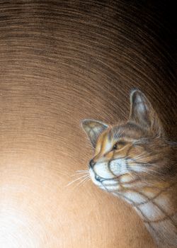 Shadow of wire sieve Grafted on the face of a cat locked in a cage, Color pencil painted on kraft paper