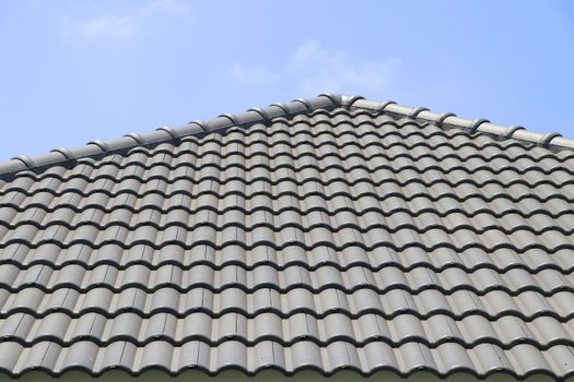 The roof tile with the sky background. The grey roman tile pattern.