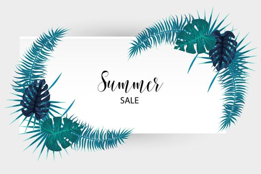 Summer sale poster. Tropical background vector palm leaf. Exotic summer green jungle tree. Hawaii plant pattern decoration design. Botanical tropic fashion element. Colorful travel banner.
