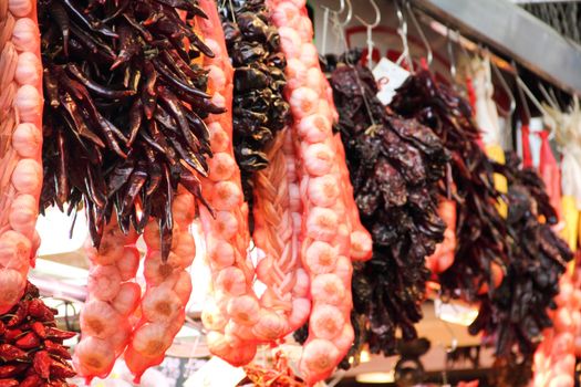 Red peppers and garlic hanged in a row at the market