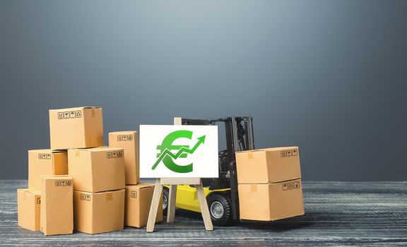 Forklift near boxes and easel with green euro positive trend growth chart. Rise rade production rates sales. Economic rise and recovery. Price increase, higher income. High import export.