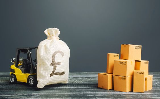 Forklift truck carries a pound sterling GBP money bag. Profit from trade and exchange of goods. Investments financing in production, taxes, income revenues and costs. High productivity superprofits