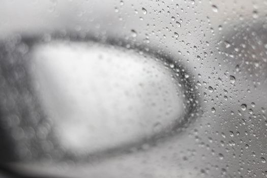 Raindrops are glued onto the glass of the car. Causing the rear view mirror performance to decrease.