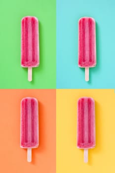 Strawberry popsicle collage on different colorful backgrounds