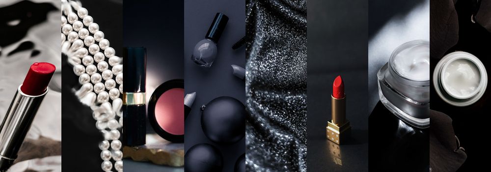 Black beauty banner collage for luxury cosmetic, skincare and make-up brand, glamour background and holiday design ads