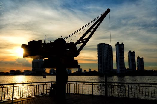 Scenery of Sunset at Chaophraya River at Asiatique Market Pier. Chaophraya River is the major river in Bangkok, Thailand.