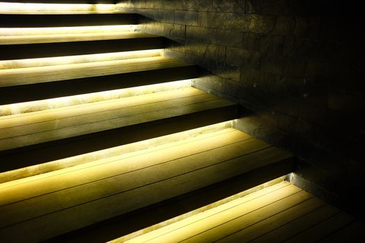 Close-up Illuminated Wooden Stair.