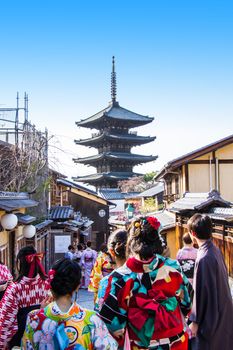 Yasaka pagoda is a five-story pagoda. This is the last remnant of Hokanji Temple on a traditional street in old village, Kyoto, Japan.