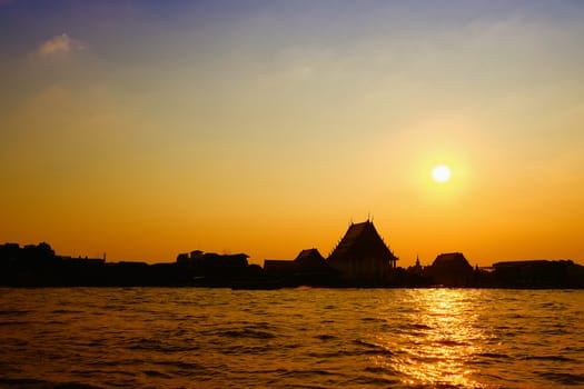 Scenery of Sunset at Chaophraya River at Pak Klong Talad Pier. Chaophraya River is the major river in Bangkok, Thailand.