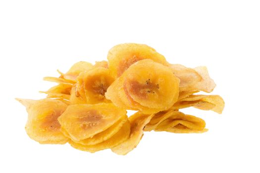 Dried banana chips. Yellow deep fried slices of bananas Isolated on white background.