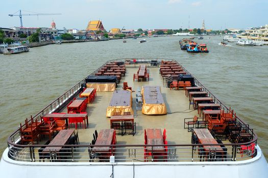 Top View of Big Ferry on Chao Phraya River, Chao Phraya River is the major river in Thailand.