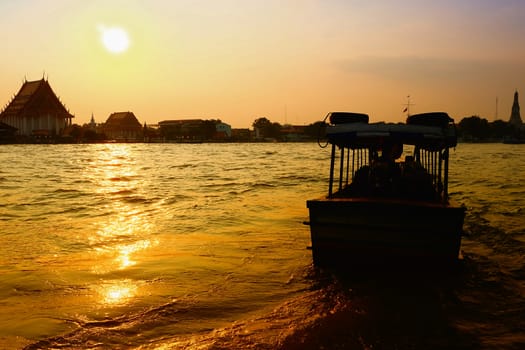 Scenery of Sunset at Chaophraya River at Pak Klong Talad Pier. Chaophraya River is the major river in Bangkok, Thailand.