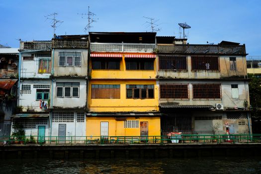 Old Commercial Building on Khlong Maha Nak Canal Blank, Bangkok Thailand.