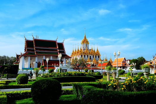 Scenery of Loha Prasat Temple and Wat Ratchanatdaram Temple where is a Famous Landmark of Bangkok Thailand.
