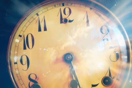 Vintage Clock with Cloud Double Exposure Background.