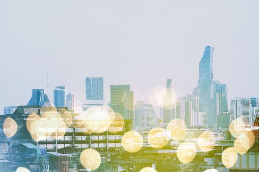 Scenery of Bangkok Cityscape with Light Leak and Bokeh Background.