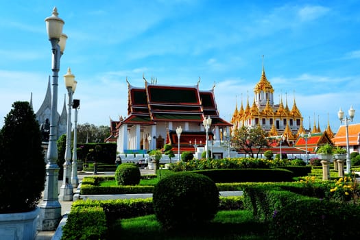 Scenery of Loha Prasat Temple and Wat Ratchanatdaram Temple where is a Famous Landmark of Bangkok Thailand.