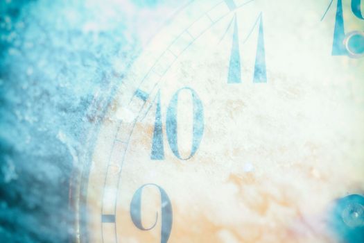 Abstract Double Exposure of Vintage Clock with Grunge Wall Background.