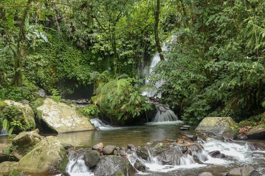 Water Flow Through Stones In Yeh Ho River in tropical jungle. Beautiful waterfall is located in the lush rice field-laden Penebel village in Tabanan near to Jatiluwih rice terrace in Bali, Indonesia.