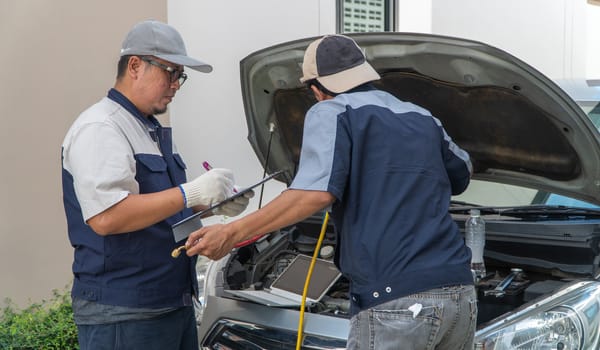 two Auto repairman checks the engine and cooling system before traveling on a long holiday. Concept of Car care and maintenance from experts, Coaching, and advice For practicing a car from an expert