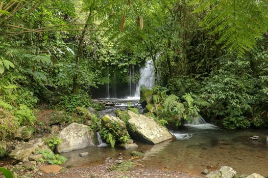Water Flow Through Stones In Yeh Ho River in tropical jungle. Beautiful waterfall is located in the lush rice field-laden Penebel village in Tabanan near to Jatiluwih rice terrace in Bali, Indonesia.
