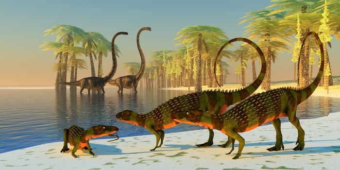 Three armored Scutellosaurus dinosaurs lounge around the edge of a pond with Omeisaurus dinosaurs coming to eat the foliage of nearby Silver Tree Ferns.