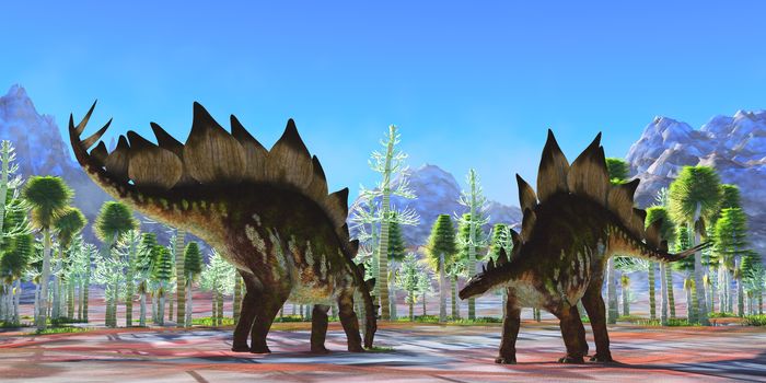 Two herbivorous armored dinosaurs eat in a Cycad forest during the Jurassic Period of North America. 