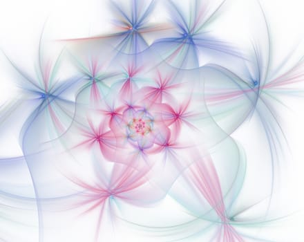 An abstract computer generated modern fractal design on dark background. Abstract fractal color texture. Digital art. Abstract Form & Colors. Fluffy spiral of stars with glowing rays