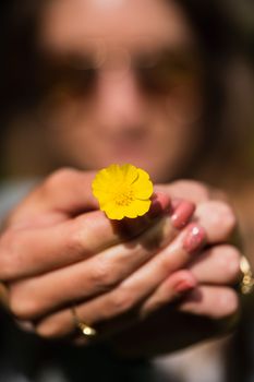 A close-up of a woman holding a buttercup to her face