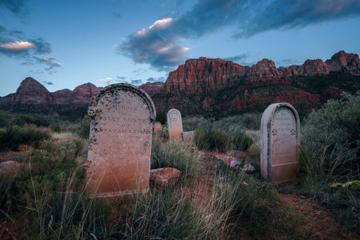 Springdale, Utah, USA - October 21, 2018 : Historic pioneer cemetery in Springdale located at the entry to the Zion National Park, photographed during the blue hour.