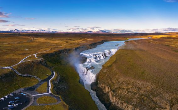 Aerial view of the Gullfoss waterfall, also known as the Golden Falls, and the Olfusa river in southwest Iceland