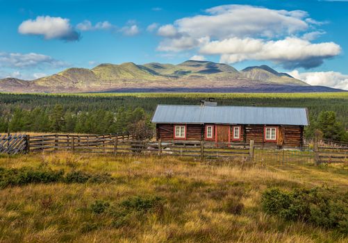 Wooden cabin in the mountains in Engerdal, Norway.