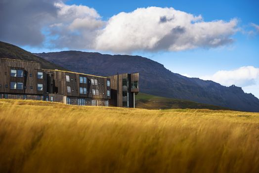Hnappavellir, Iceland - September 13, 2019 : Fosshotel Glacier Lagoon with a restaurant, a four-star hotel in Hnappavellir, located on the Ring Road and surrounded by beautiful icelandic nature.