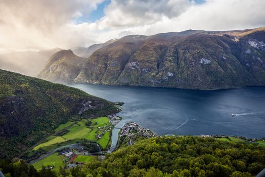 Aurland and Aurlandsfjord in the mist, Sogn og Fjordane, Norway.  It is located on the south side of the Sognefjorden in the district of Sogn.
