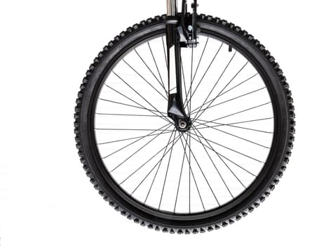 Isolated view of a bicycle front wheel mounted on the forks