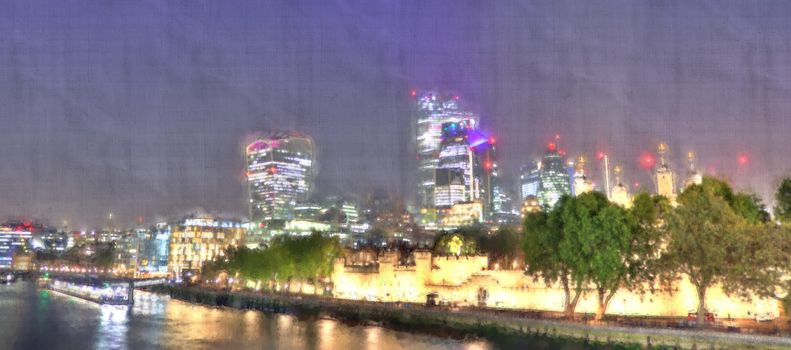 Foto of an aquarell image of London with a linen structure