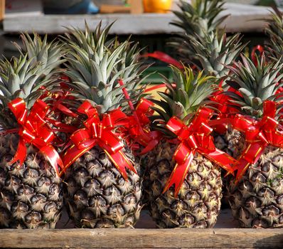 Pineapples are decorated with red ribbons as symbols of good luck for the Chinese New Year