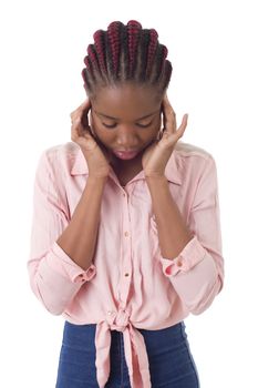 Young african woman with an headache, isolated over a white background