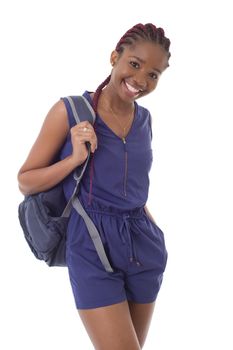 young happy african girl student, isolated on white background