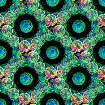 An intricate seamless pattern of rotating transparent spheres