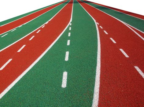 A running track in a stadium with markings in white, red and green

