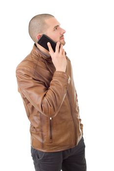 young casual happy man with a phone, isolated