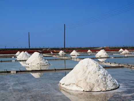 Salt fields with piled up sea salt on the coast of Taiwan
