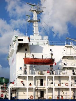 -- a sideview of a large freight carrying ship